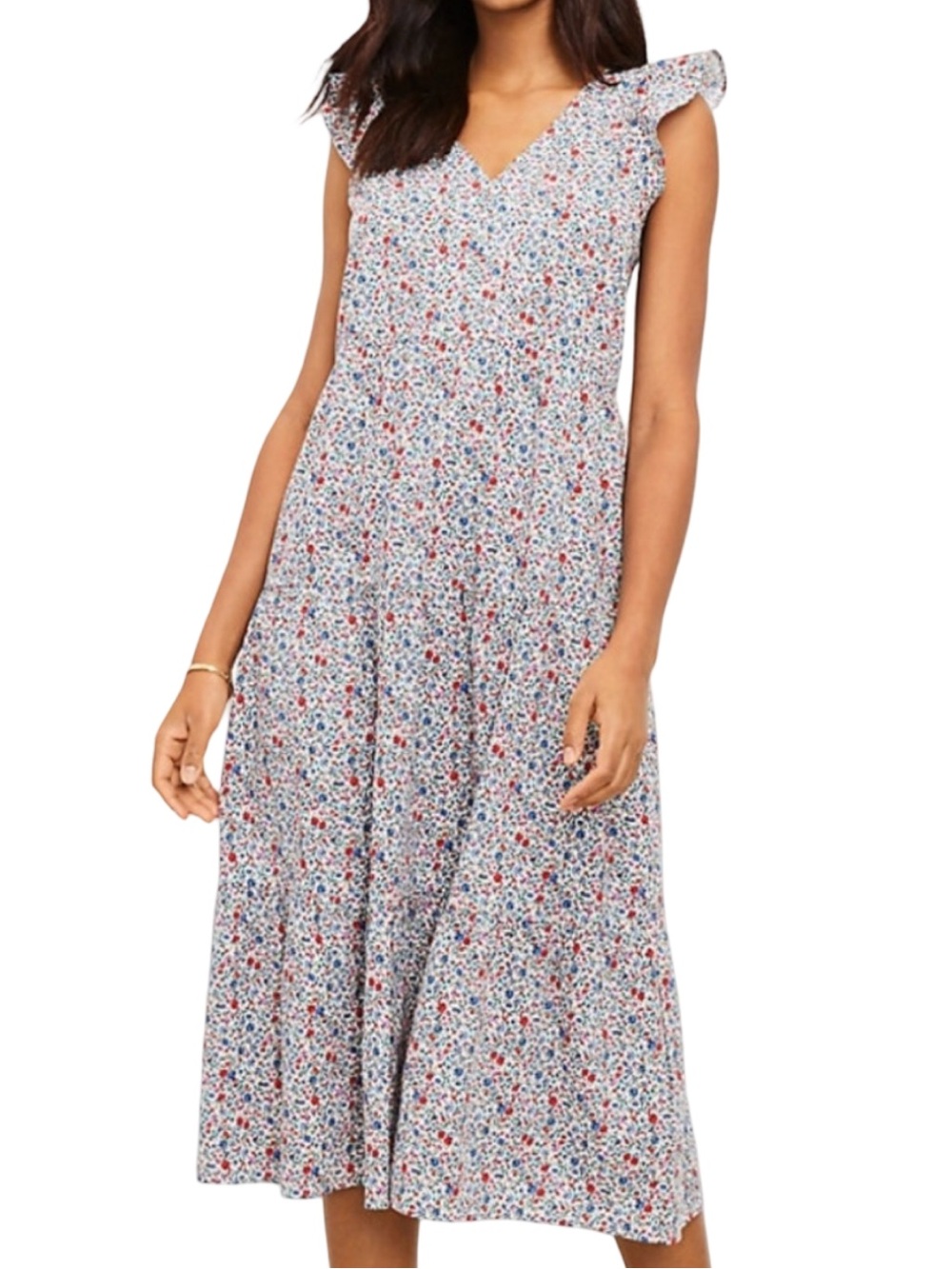 LOFT Ditsy Floral Flutter Sleeve V-Neck Tiered Midi Dress Size XS